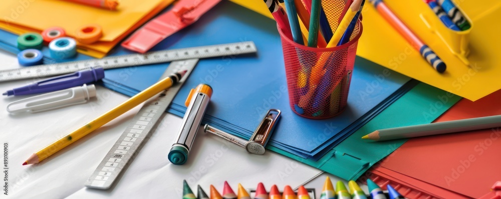 Obraz premium Vivid educational supplies including markers and pencils, white backdrop.