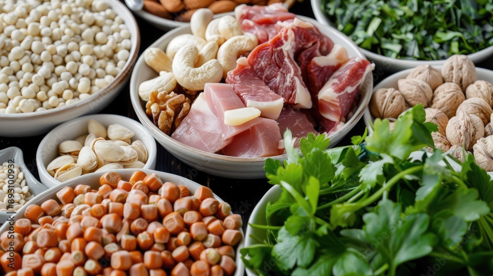 Close-up display of keto-friendly foods: nuts, seeds, lean meats, and green vegetables, arranged beautifully.