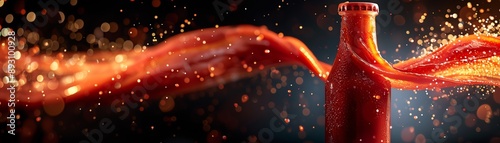 A bottle of tomato sauce magically levitating and spinning midair, with sauce flowing out in a beautiful spiral