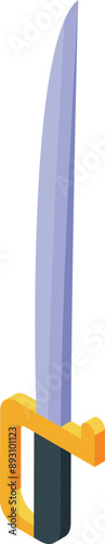 Sharp saber with a curved blade and a gold handle is standing vertically, showing its threatening nature