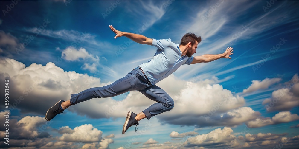 man jumping on blue sky with clouds. man jumping on blue sky with clouds.