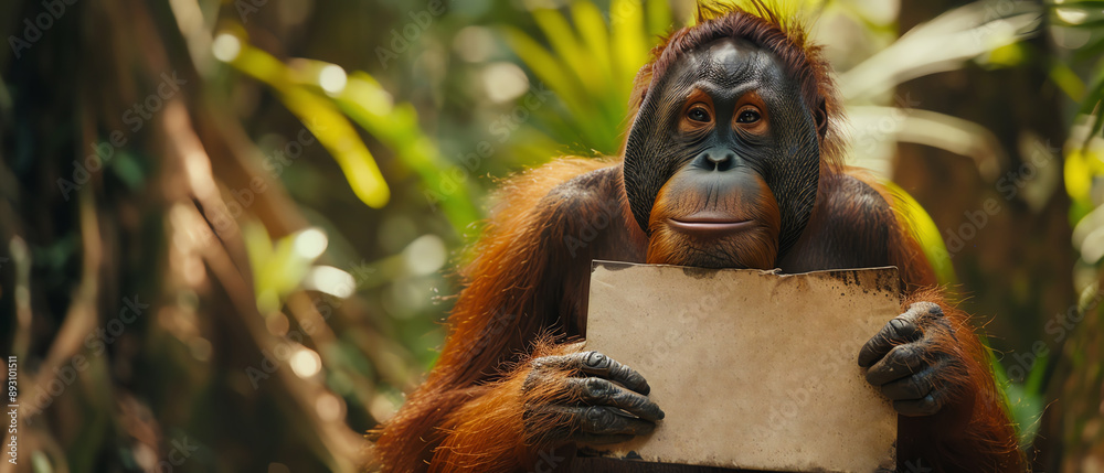 Fototapeta premium Orangutan holding a blank sign, jungle background, thoughtful look