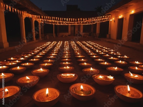 A vibrant scene of a Diwali celebration at night. Rows of diyas made from clay pots illuminate a courtyard, with colorful rangolis decorating the floor and fireworks exploding in the night sky