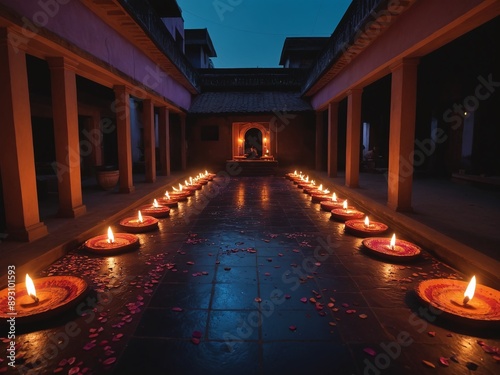 A vibrant scene of a Diwali celebration at night. Rows of diyas made from clay pots illuminate a courtyard, with colorful rangolis decorating the floor and fireworks exploding in the night sky