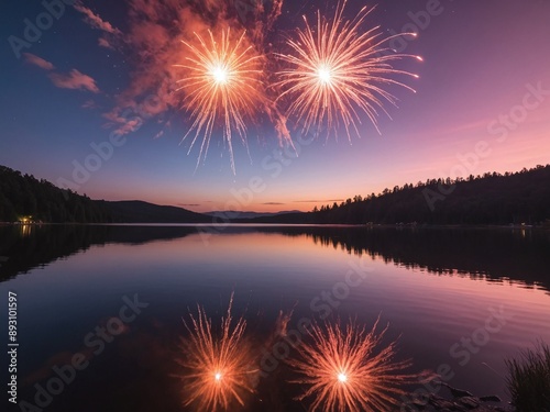 A vibrant fireworks display erupting over a calm lake at dusk, casting colorful reflections on the water. The sky is ablaze with orange, pink, and purple hues