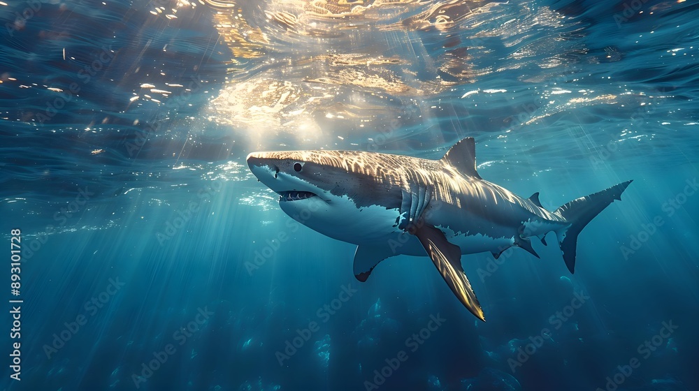 Fototapeta premium Shark underwater with sunbeams realistic 3D illustrations