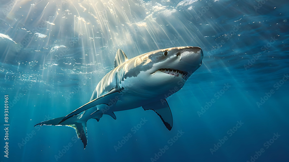 Fototapeta premium Shark underwater blue with realistic 3D