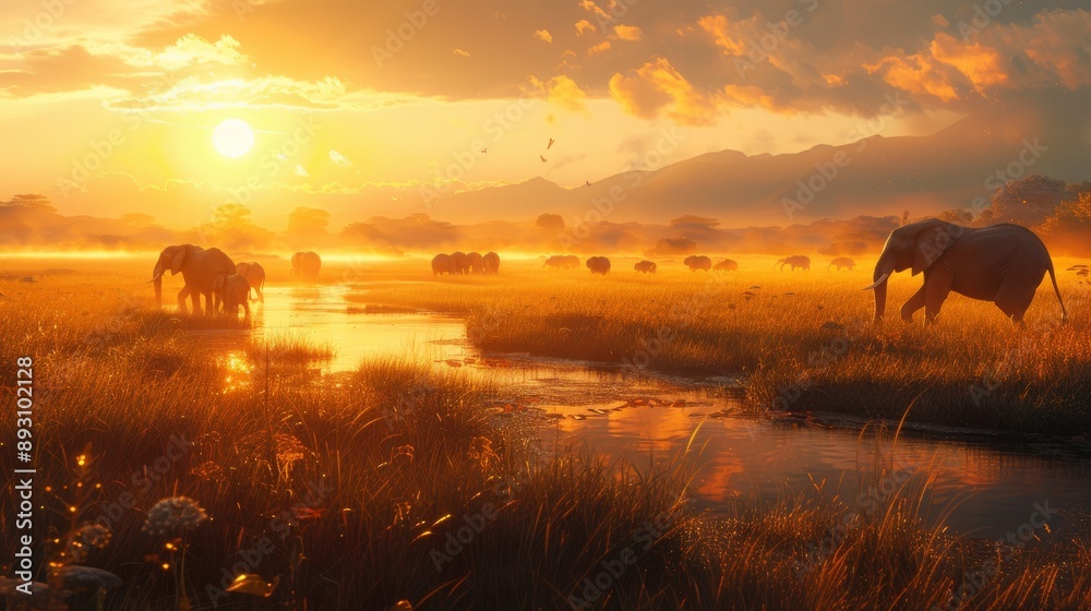 A Herd of Elephants Walking Across a Grassy Field at Sunset With a River in the Background - Generative AI A Herd of Elephants Walking Across a Grassy Field at Sunset With a River in the Background - Generative AI