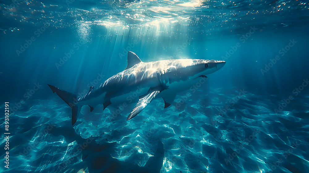 Fototapeta premium Shark underwater blue with realistic 3D