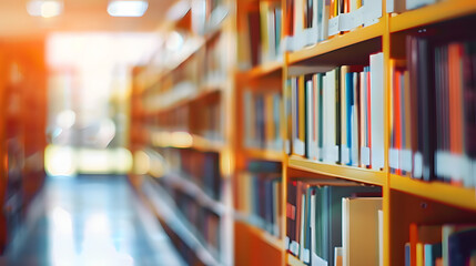 Abstract blurred public library interior space. blurry room with bookshelves by defocused effect. use for background or backdrop in business or education concepts