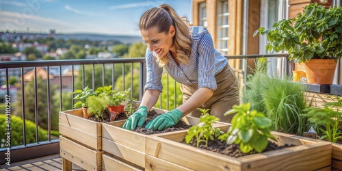 woman in gloves and gloves taking care of plants on terrace with green plant in pots on sunny day,gardening and hobby
