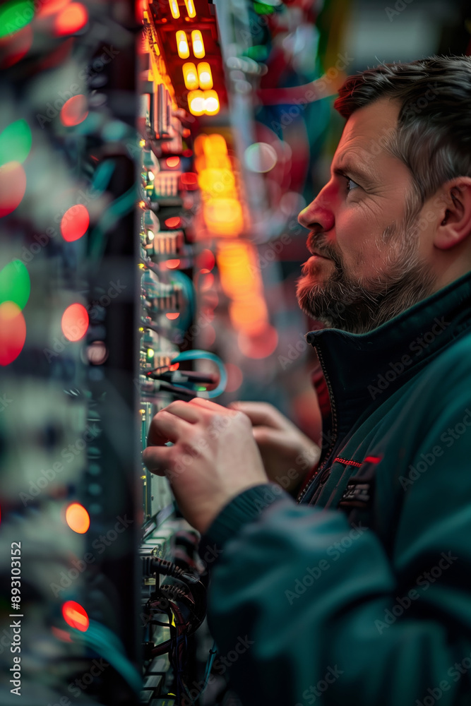 A Network Technician Works on Server Equipment in a Data Center A Network Technician Works on Server Equipment in a Data Center