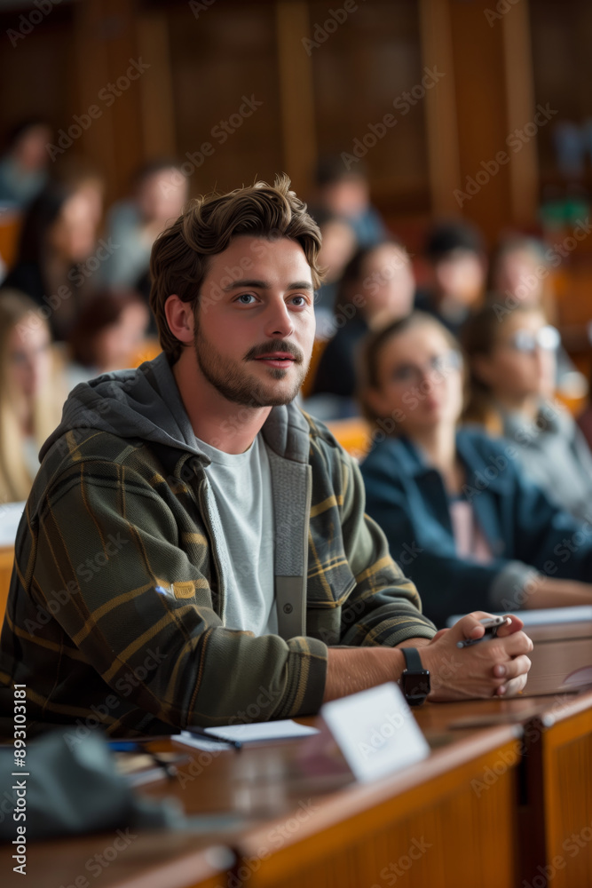 Fototapeta premium A University Lecturer's Reflective Pause During a Presentation