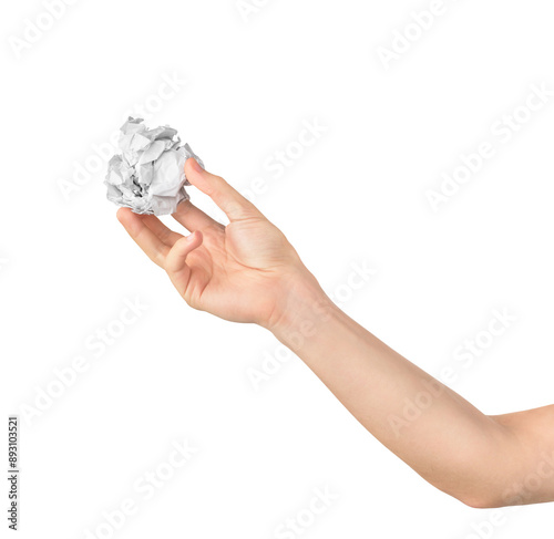 hand holding crumpled paper ball isolated on white background photo