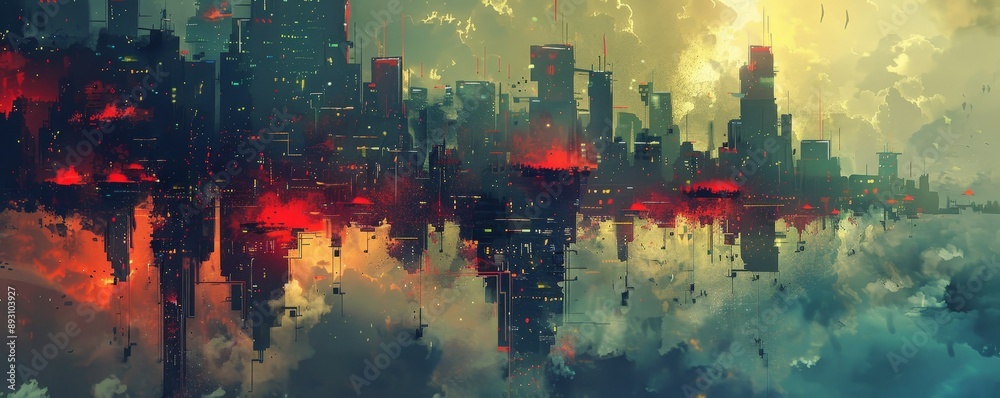 Obraz premium Futuristic Urban Dreamscape - Surreal City with Gravity-Defying Buildings and Vibrant Colors in Minimalist Style