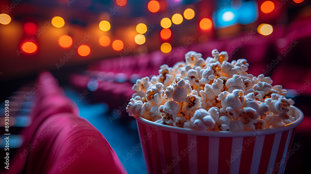 Bucket of freshly popped popcorn in the foreground, with rows of red theater seats in the background. Generative AI illustration Bucket of freshly popped popcorn in the foreground, with rows of red theater seats in the background. Generative AI illustration