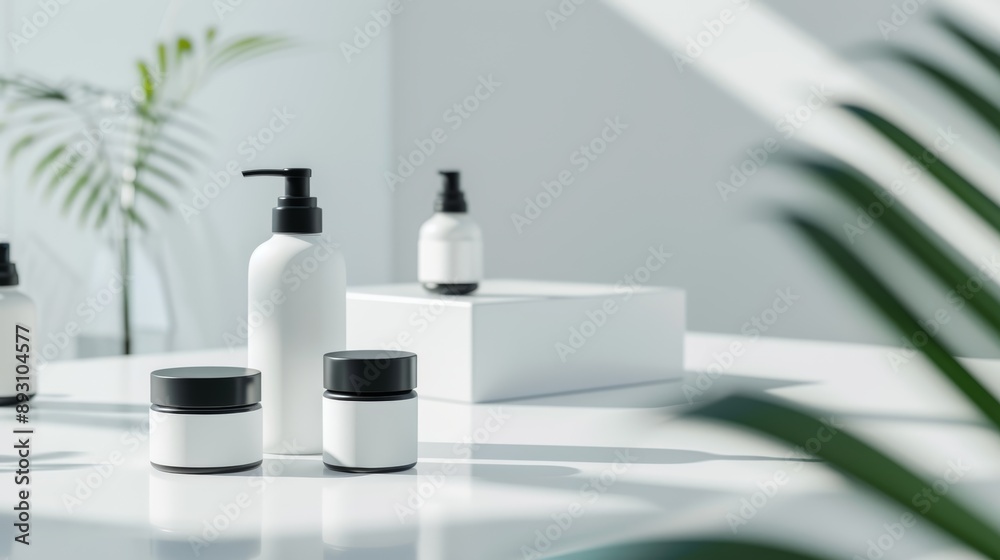 Minimalist Skincare Product Display with Plants Minimalist Skincare Product Display with Plants