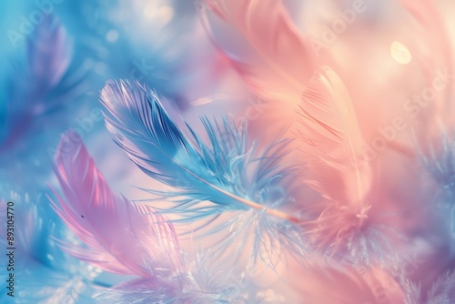 Patchwork backdrop with abstract feathers and rainbows. White fluffy feather in close-up amid a rainbow of pastel neon colors in a misty mist. Soft focus: 2019 Spring/Summer Fashion Color Trends.