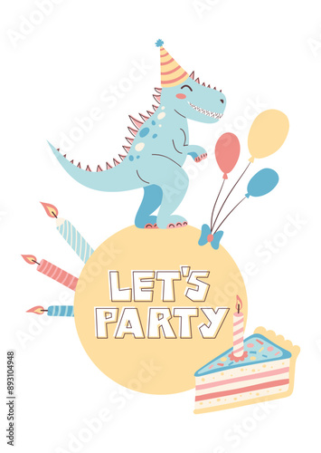 Cute Dinosaur Card. Happy Birthday Card. Postcards and posters for children. Vector illustration.