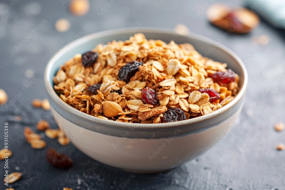 Delicious granola in a dish with a gray tablecloth nearby, close-up Delicious granola in a dish with a gray tablecloth nearby, close-up