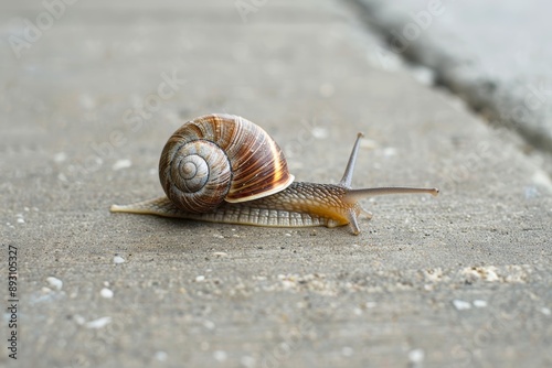 Huge shelled snail crawling on earth