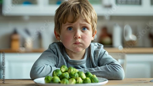 Young boy hesitates to eat brussels sprouts photo