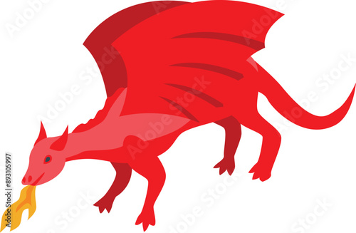 Red dragon breathing fire while flying with its wings spread