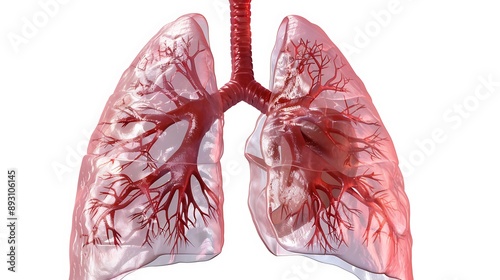 Full body shot photo of a detailed illustration of clean and healthy human lungs with distinct lobes and trachea, highlighted on a white background photo