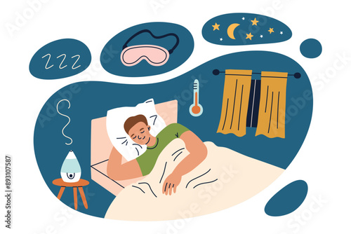 Man sleeping in bedroom with blackout curtains, humidifier, comfortable temperature, sleep hygiene concept. Sleep environment vector illustration, flat cartoon style. Comfortable bedroom space