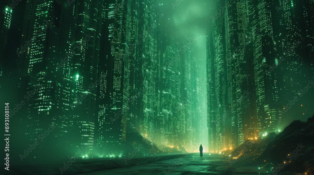 A Person Is Standing In the Middle of a Dark Road Surrounded by Tall Buildings - Generative AI A Person Is Standing In the Middle of a Dark Road Surrounded by Tall Buildings - Generative AI