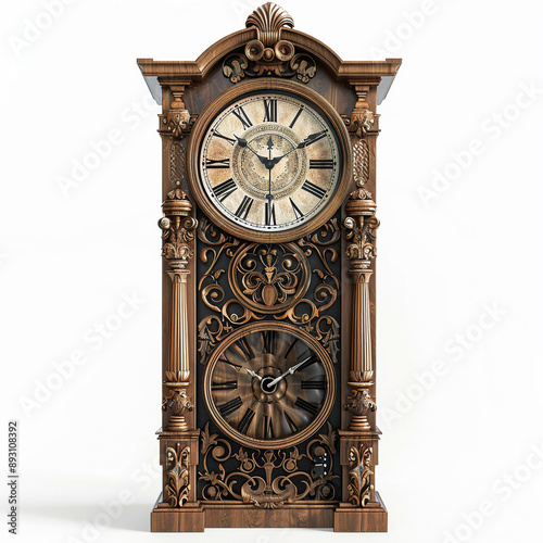 A classic grandfather clock with ornate carvings designs for Print on Demand (POD) on a white background.