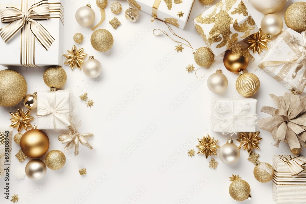 christmas composition on white background with golden ornaments and gifts. christmas composition on white background with golden ornaments and gifts.