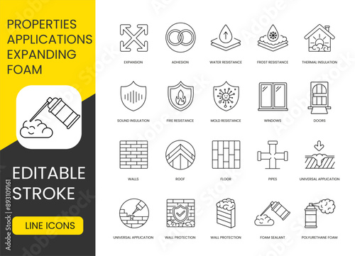 Properties of polyurethane foam and places of application, set of vector line icons with editable stroke, Adhesion and Water resistance, Wall protection and Roof, Mounting foam and Frost resistance