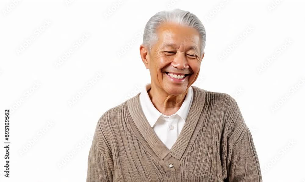 Lifestyle portrait video of a pleased man in his 80s that is wearing a chic cardigan against a white background Lifestyle portrait video of a pleased man in his 80s that is wearing a chic cardigan against a white background