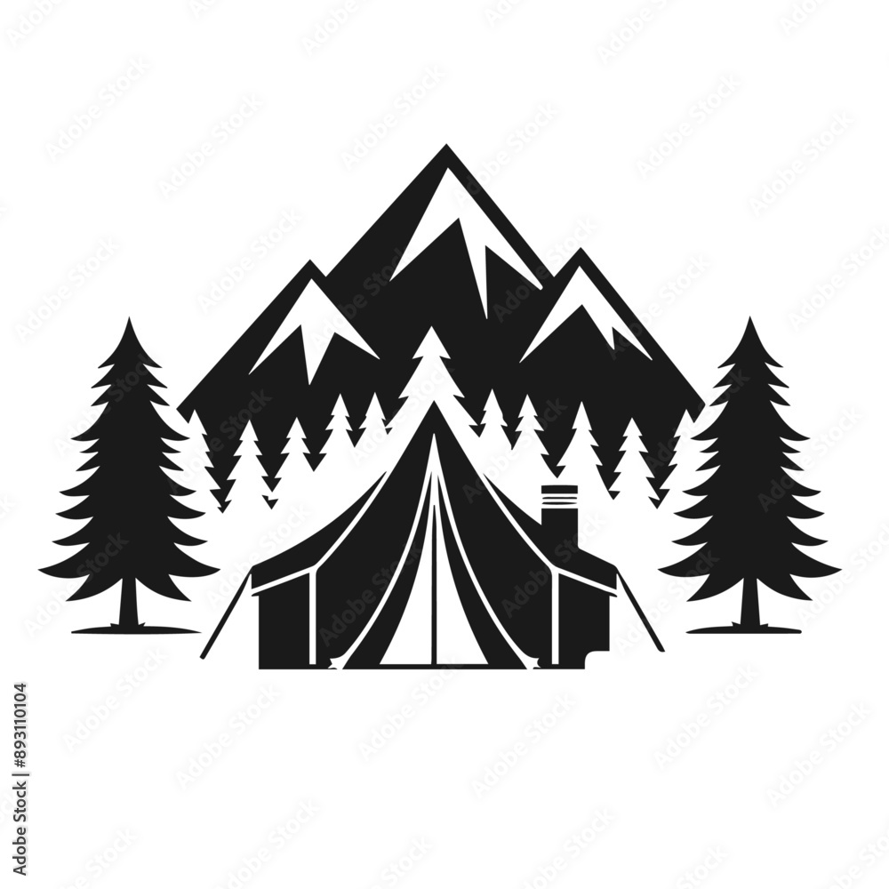Clean black and white vector silhouette of a Camping logotype on white background Clean black and white vector silhouette of a Camping logotype on white background