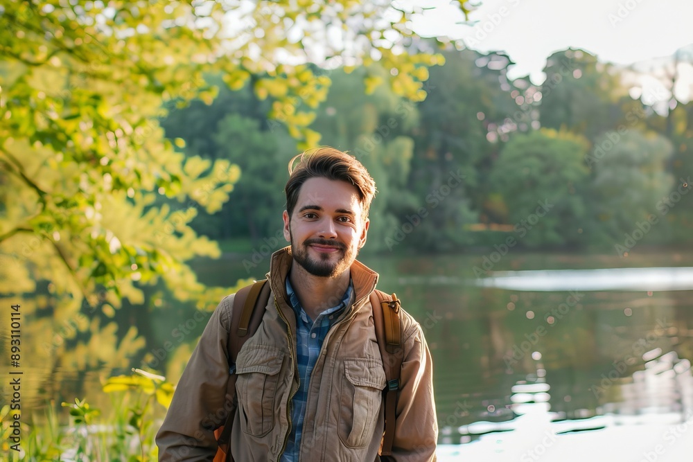 Tranquil man in his thirties appearing content by a serene lake amidst natural surroundings Tranquil man in his thirties appearing content by a serene lake amidst natural surroundings