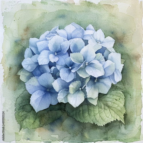 A single blue hydrangea in the middle with a soft green watercolor background