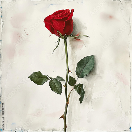 A single red rose centered on a white watercolor background