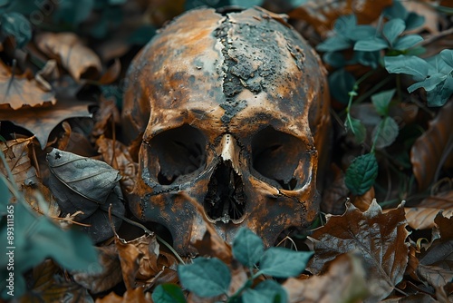 Decaying Skull Surrounded by Autumn Leaves in Dark Forest Landscape