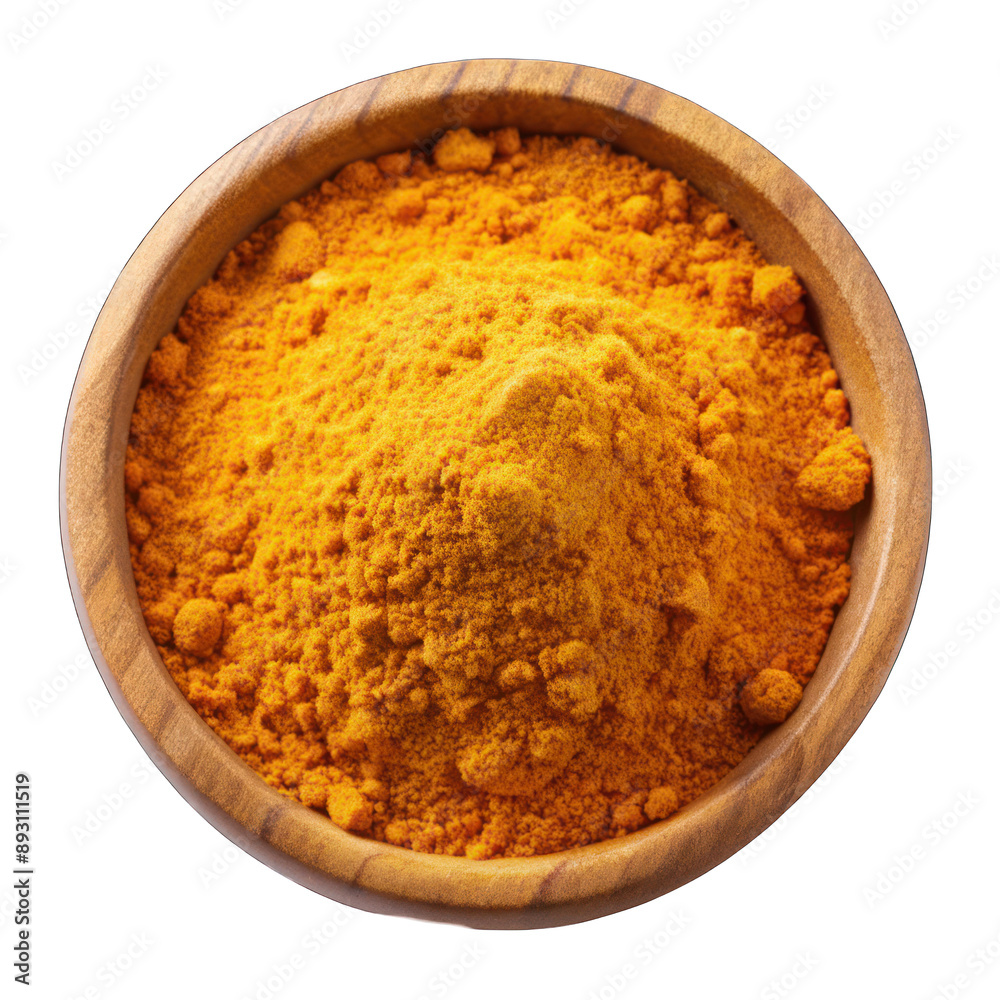 Curry powder on wooden bowl top view isolated on transparent background Curry powder on wooden bowl top view isolated on transparent background