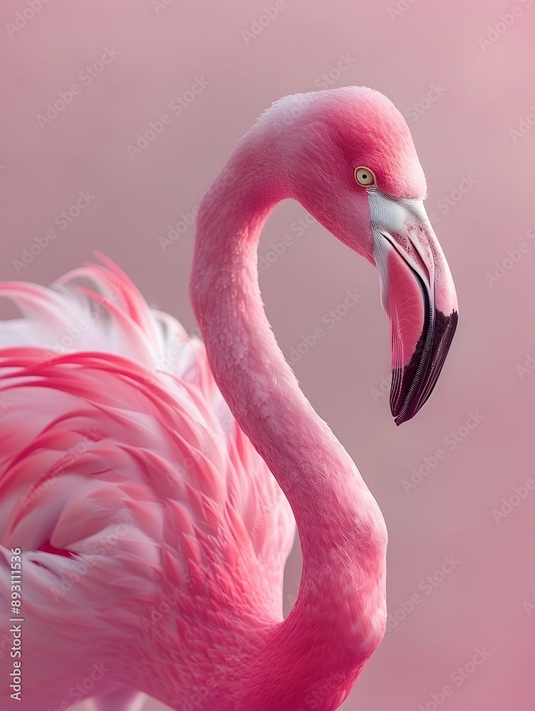 Fototapeta premium Elegant Pink Flamingo Wading in Tranquil Lake with Vibrant Plumage and Graceful Pose
