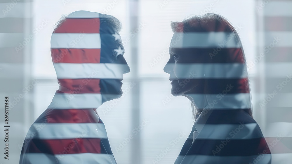 Double exposure Republican election night discussion, close up, focus on, copy space, striking tones, silhouette with voting results Double exposure Republican election night discussion, close up, focus on, copy space, striking tones, silhouette with voting results