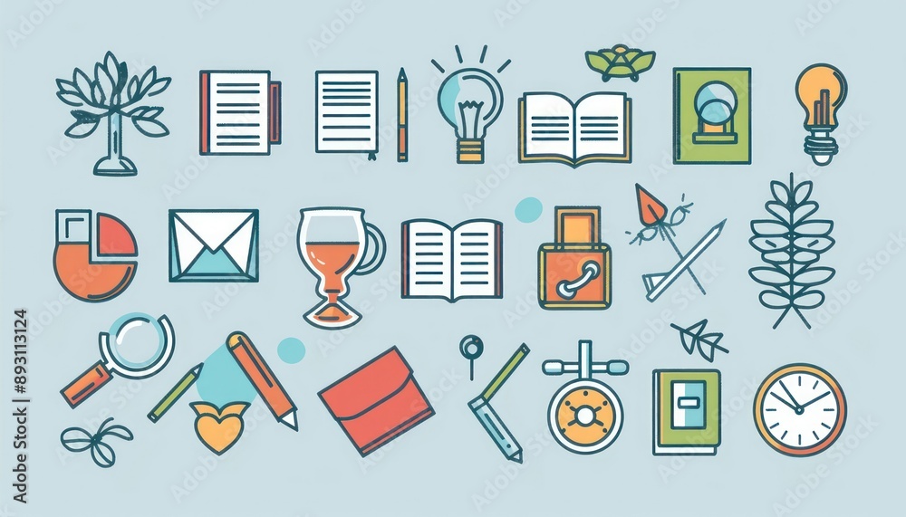 Minimalistic school icons set on a pastel background, high resolution, flat style. Minimalistic school icons set on a pastel background, high resolution, flat style.