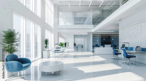 Illustration of interior design with modern minimalist white and blue colors in an open office interior. AI generated images