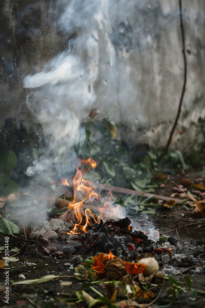 close up of food and trash being burned in an open fire, old wall background, food on the ground, some smoke coming from it, greenery lying around, autumnal feel, low angle, photo realistic, close up of food and trash being burned in an open fire, old wall background, food on the ground, some smoke coming from it, greenery lying around, autumnal feel, low angle, photo realistic,