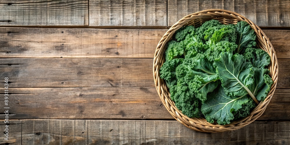 Kale leaves in rustic basket on wooden background, top view, natural lighting , kale, superfood, organic, fresh, healthy Kale leaves in rustic basket on wooden background, top view, natural lighting , kale, superfood, organic, fresh, healthy