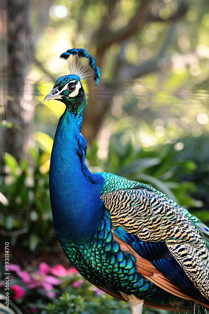 A vibrant peacock with its feathers down, standing gracefully in a lush garden, showcasing the beauty and elegance of nature. A vibrant peacock with its feathers down, standing gracefully in a lush garden, showcasing the beauty and elegance of nature.