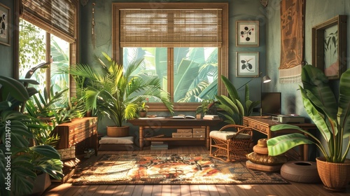 A jungle-themed study room with tropical plants, animal prints, and bamboo furniture. photo