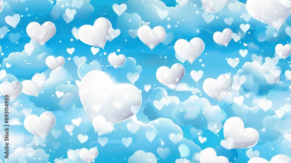 Dreamy winter heart bokeh seamless pattern with soft, glowing white hearts and dots on a cool blue background, creating a serene and romantic atmosphere. Dreamy winter heart bokeh seamless pattern with soft, glowing white hearts and dots on a cool blue background, creating a serene and romantic atmosphere.