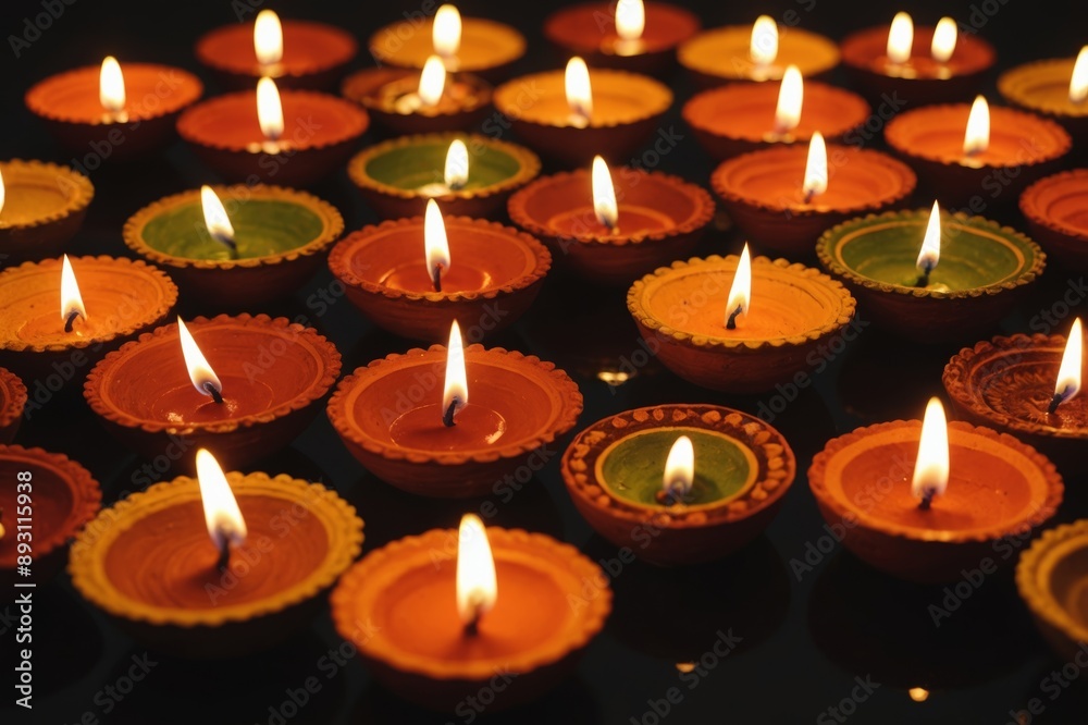 Group of diwali lamp, Traditional clay diya lamps lit during diwali celebration Group of diwali lamp, Traditional clay diya lamps lit during diwali celebration